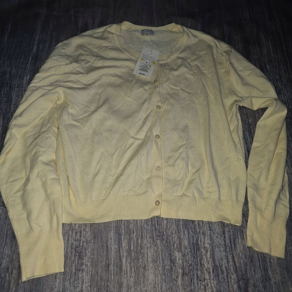 A‎ New Day Womens Yellow Pointelle Knit Button Front Cardigan Sweater Small NWT